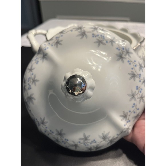 Johann Haviland Blue Flowers Gray Leaf Pattern Gravy Boat w Attached Under Plate - Picture 13 of 14